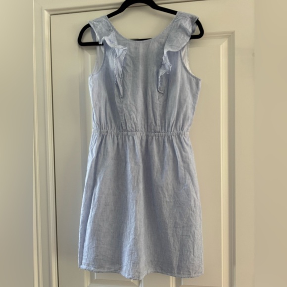 J. Crew Ruffle Sleeveless Linen Cotton Dress SZ 6 Blue White Stripes - Picture 8 of 16